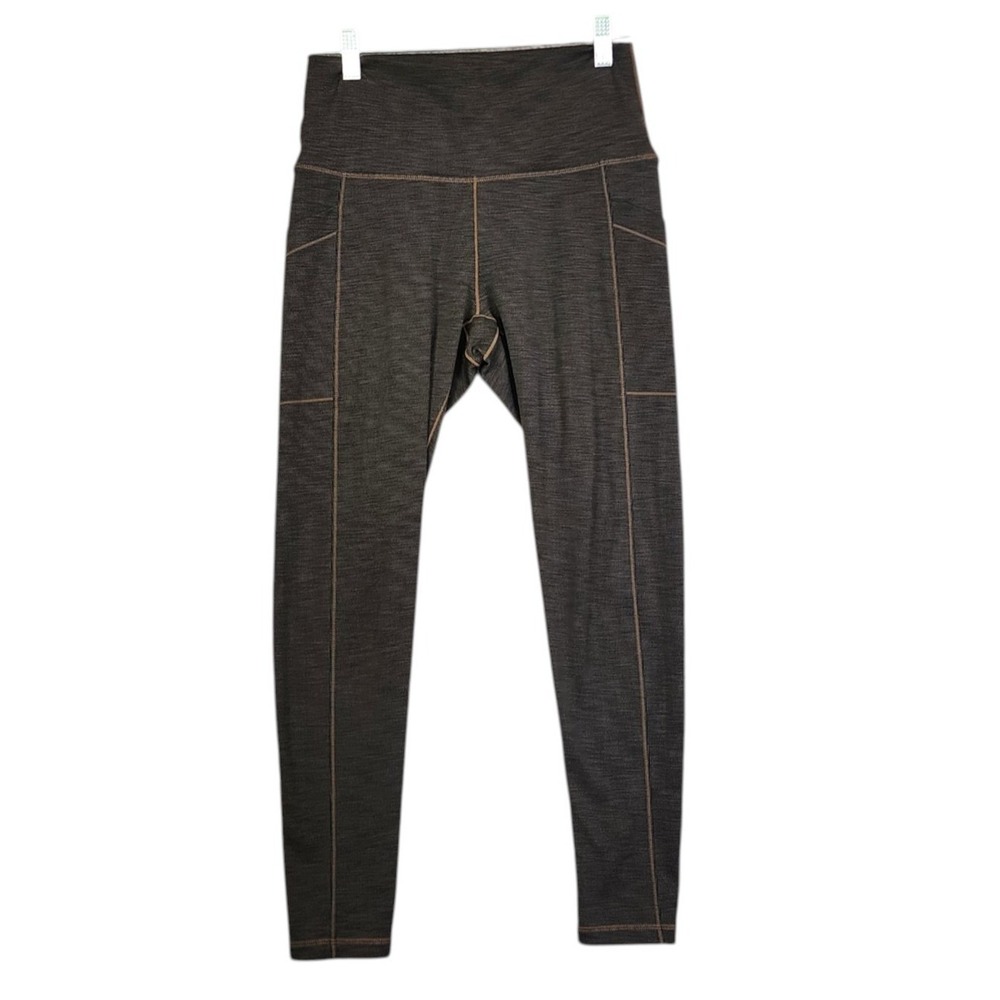 Prana Womens Ribbed High Rise Leggings Size Medium Side Pockets Gray Brown Seams